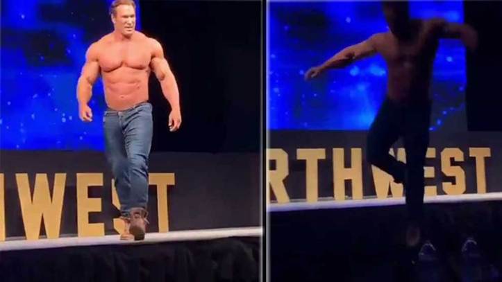 Eso debió doler: Caída viral del 'Titán' del culturismo en plena competición