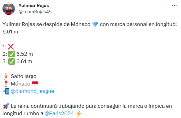 Yulimar Rojas se despidió del mundial en salto de longitud que se disputará en Budapest